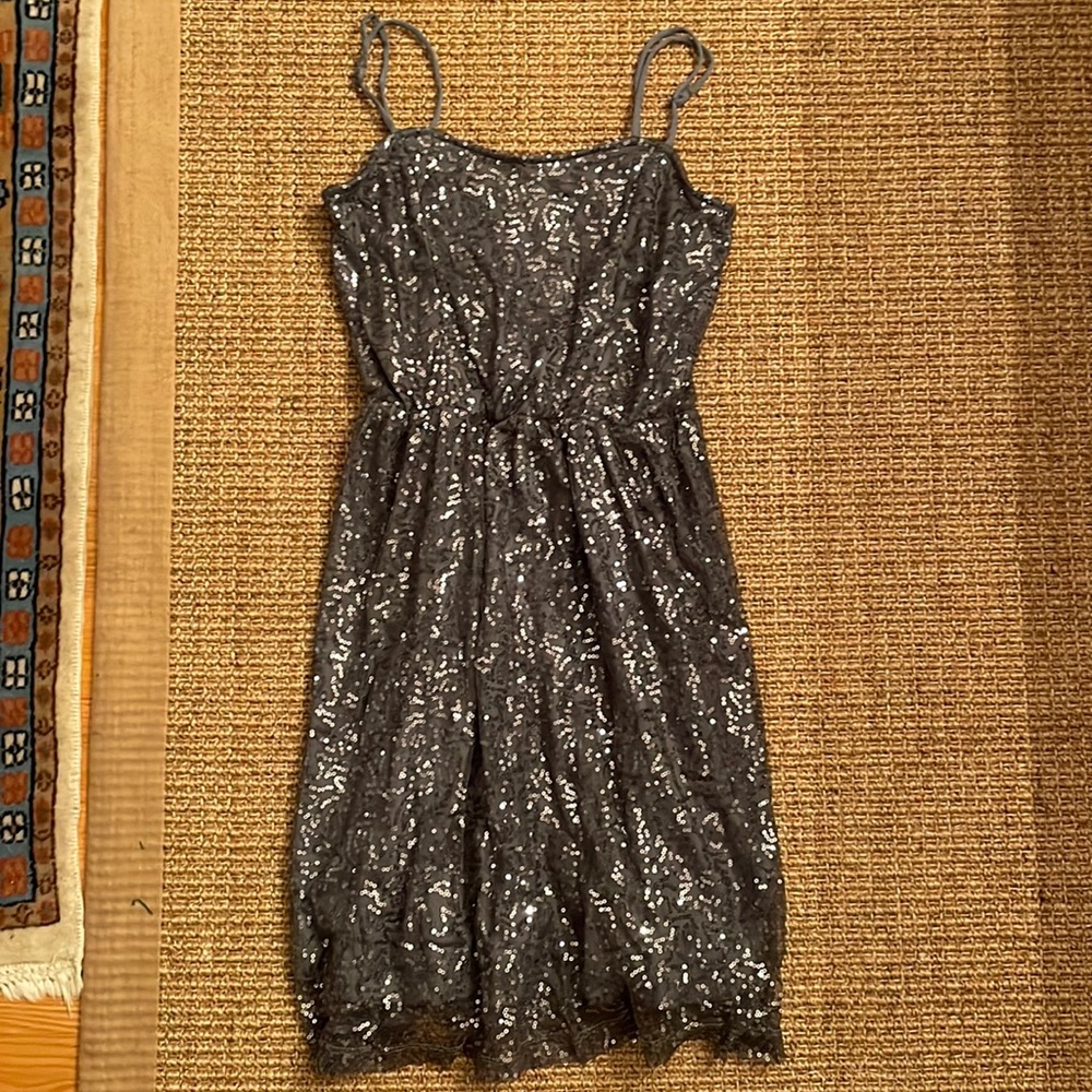Gray and Silver Sequin Spaghetti Strap Cinch Waist Dress Small
